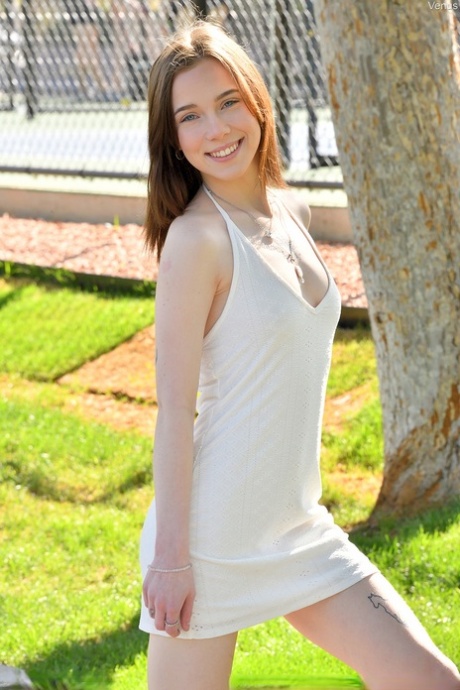 Cute girl Venus flashes in public before standing naked in front of a mirror